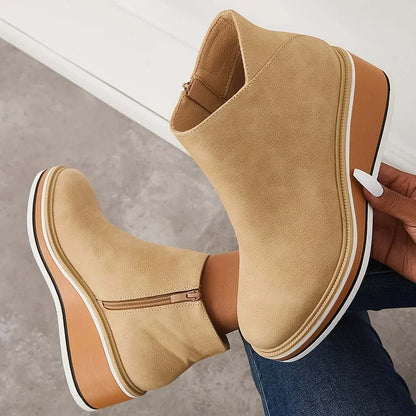 Boots Women - Wedge Ankle Boots with Side Zip and Platform Sole