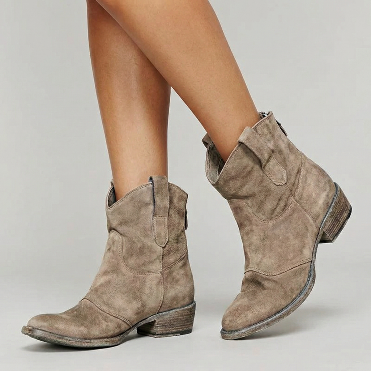 Boots Women - Western Ankle Boots with Pull Tabs and Low Block Heel