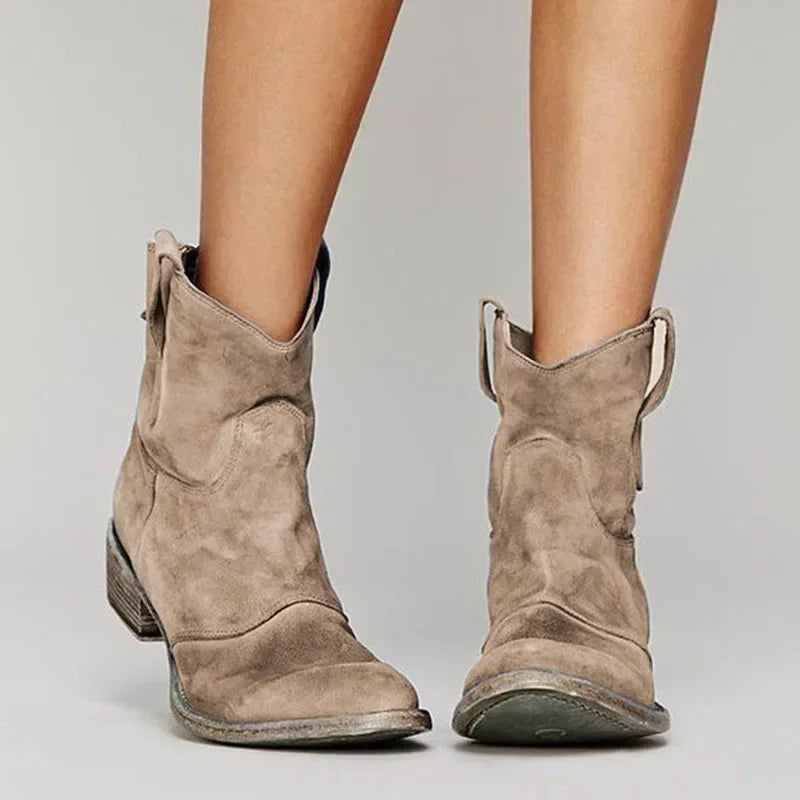 Boots Women - Western Ankle Boots with Pull Tabs and Low Block Heel
