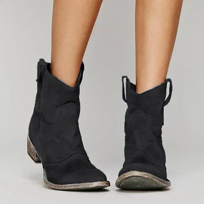 Boots Women - Western Ankle Boots with Pull Tabs and Low Block Heel