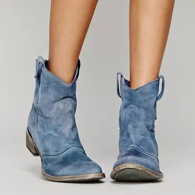 Boots Women - Western Ankle Boots with Pull Tabs and Low Block Heel