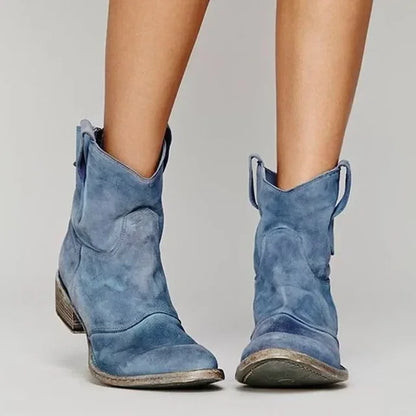 Boots Women - Western Ankle Boots with Pull Tabs and Low Block Heel