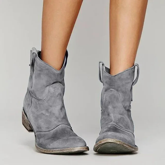 Boots Women - Western Ankle Boots with Pull Tabs and Low Block Heel