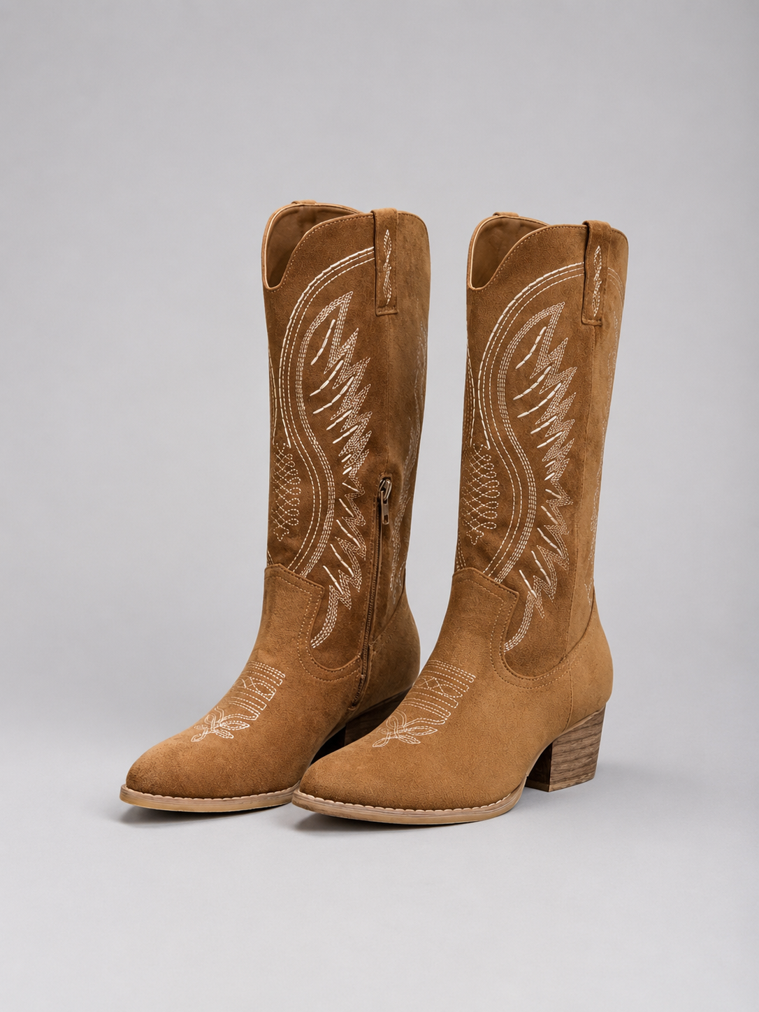 Boots Women - Western Cowboy Boots with Embroidered Shaft and Block Heel