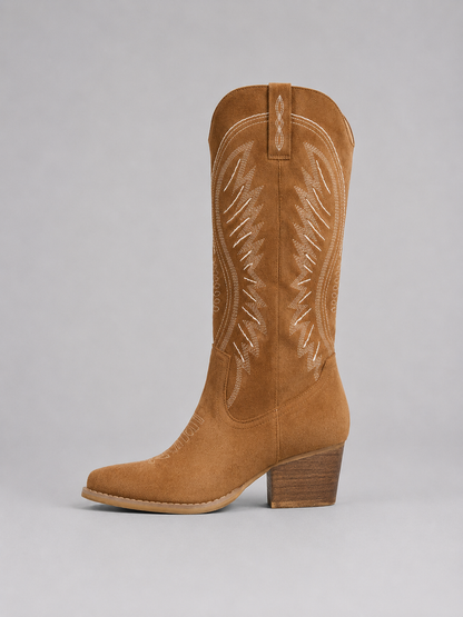 Boots Women - Western Cowboy Boots with Embroidered Shaft and Block Heel