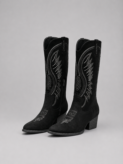 Boots Women - Western Cowboy Boots with Embroidered Shaft and Block Heel