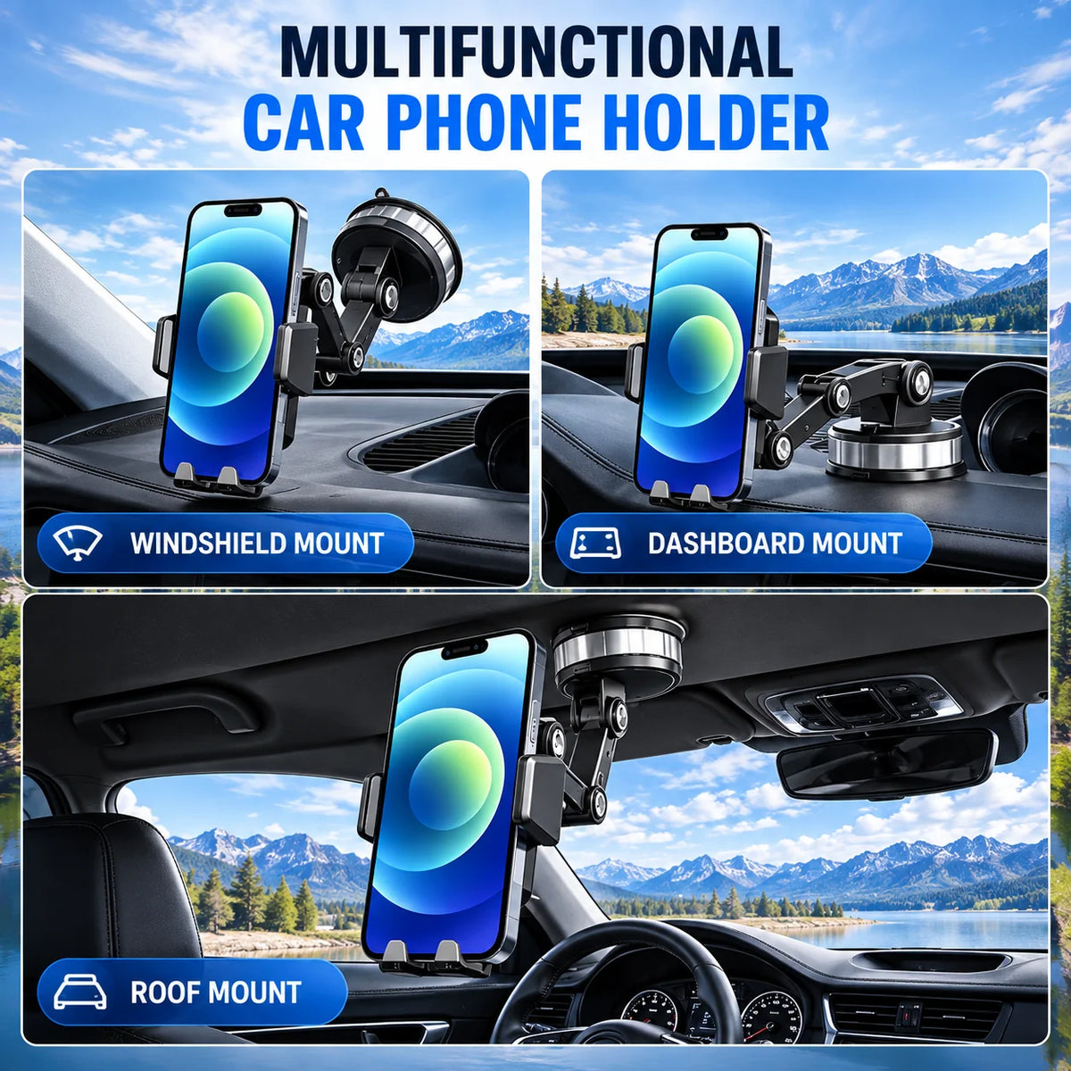 Car Phone Mount – suction cup holder, universal fit, 360° rotation