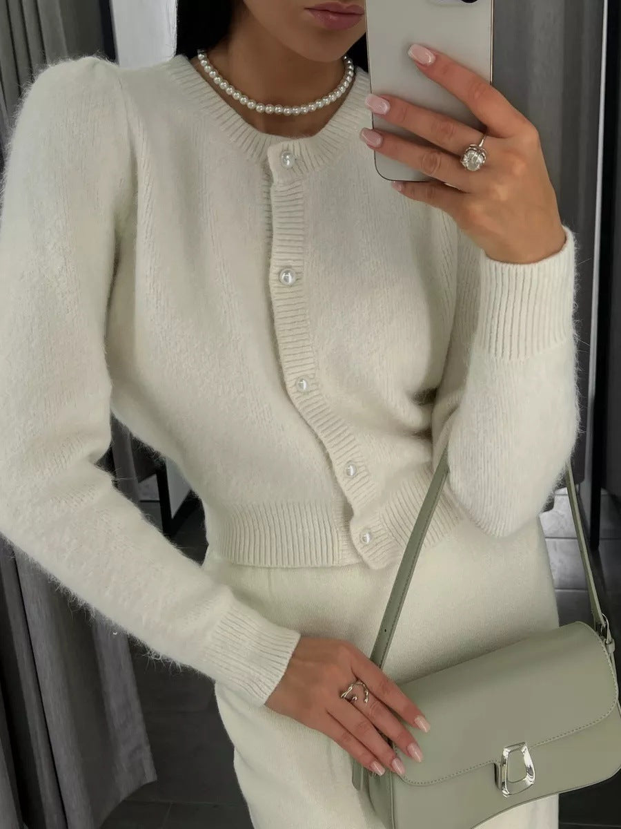 Cardigan Women - Button Front Knit Cardigan with Crew Neck and Ribbed Trim