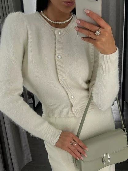 Cardigan Women - Button Front Knit Cardigan with Crew Neck and Ribbed Trim