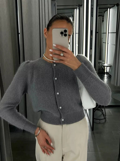 Cardigan Women - Button Front Knit Cardigan with Crew Neck and Ribbed Trim