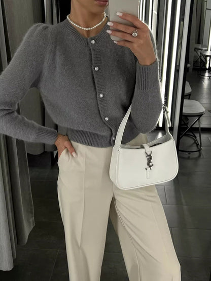 Cardigan Women - Button Front Knit Cardigan with Crew Neck and Ribbed Trim