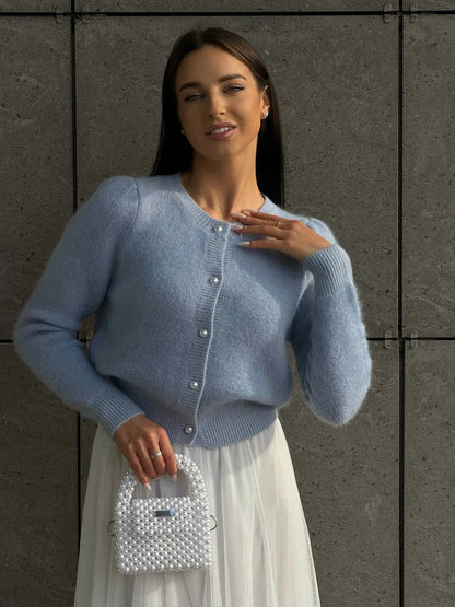 Cardigan Women - Button Front Knit Cardigan with Crew Neck and Ribbed Trim