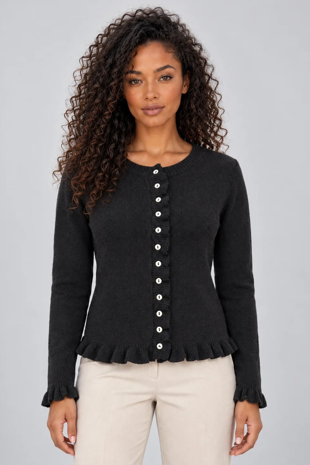 Cardigan Women - Button Front Ruffle Hem Knitted
