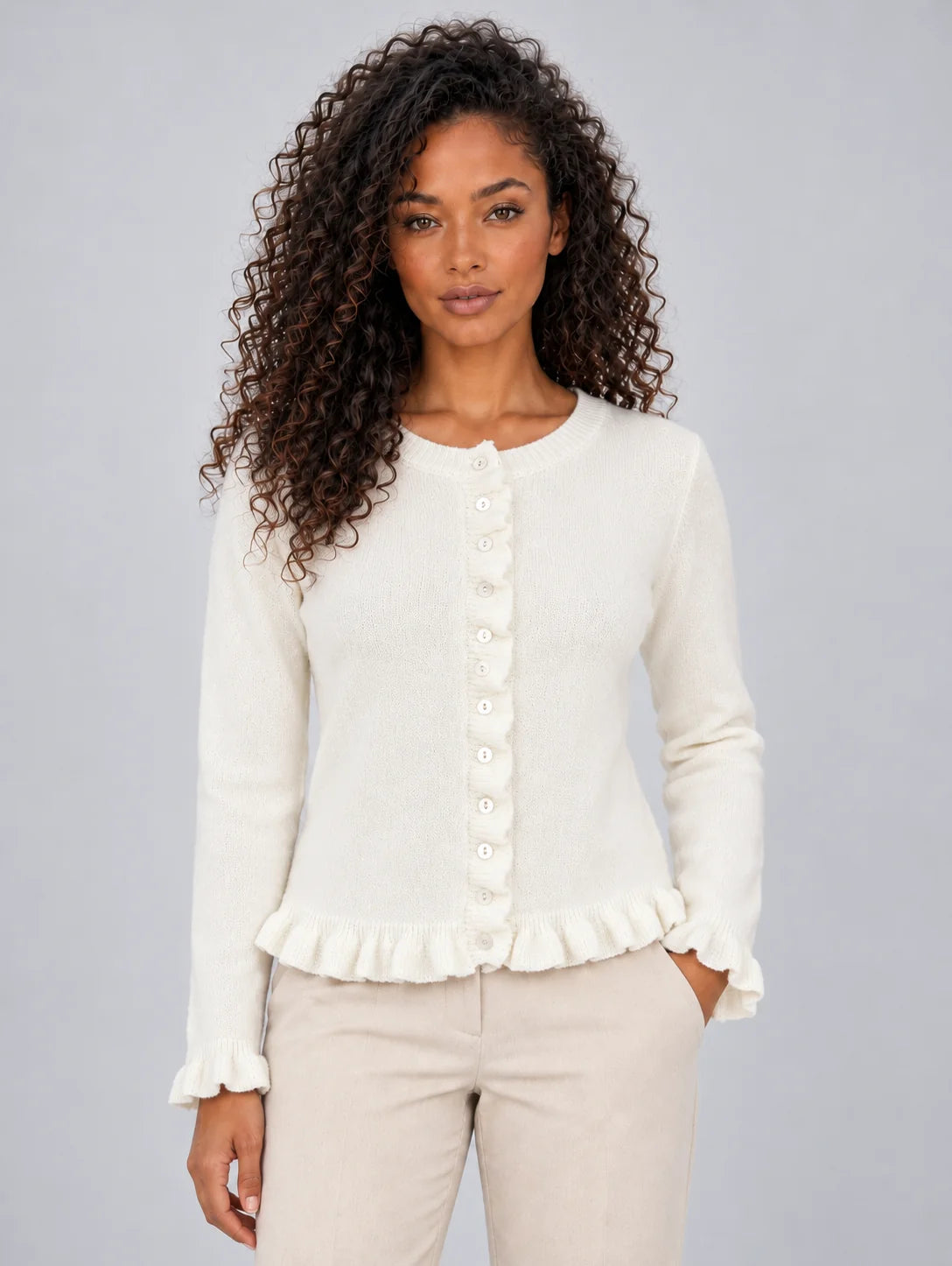 Cardigan Women - Button Front Ruffle Hem Knitted