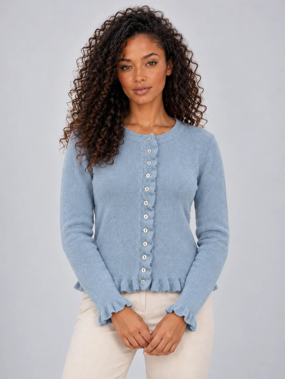 Cardigan Women - Button Front Ruffle Hem Knitted