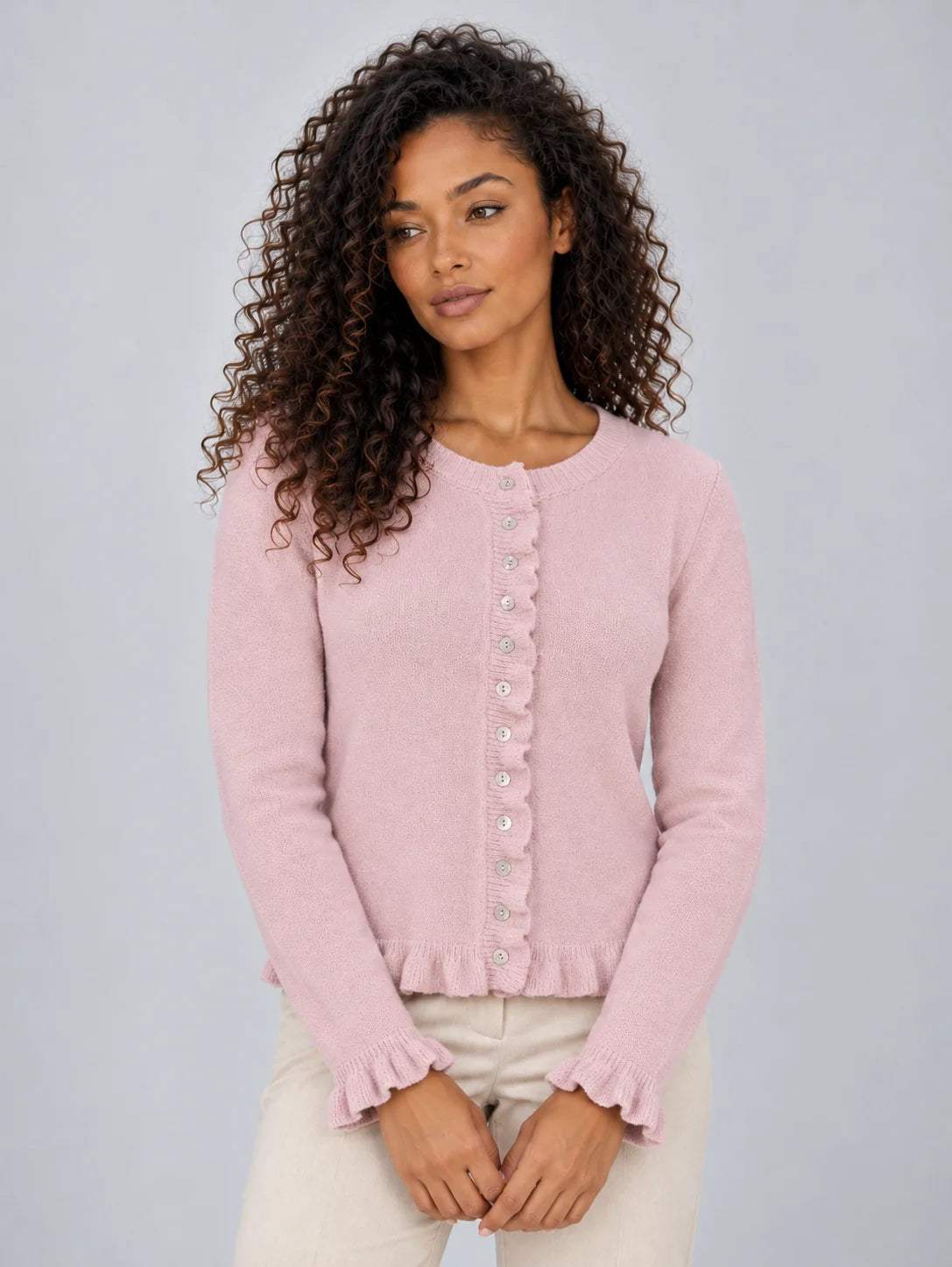 Cardigan Women - Button Front Ruffle Hem Knitted