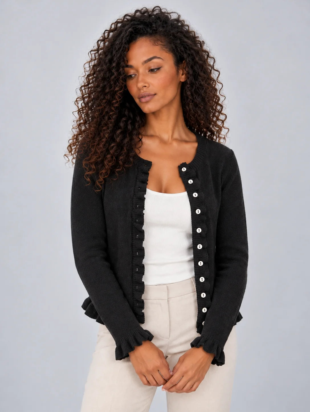 Cardigan Women - Button Front Ruffle Hem Knitted