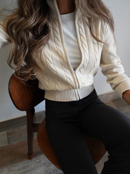 Cardigan Women - Cable Knit Zip Cardigan with High Neck and Ribbed Trim