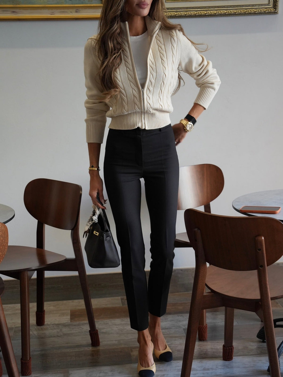 Cardigan Women - Cable Knit Zip Cardigan with High Neck and Ribbed Trim