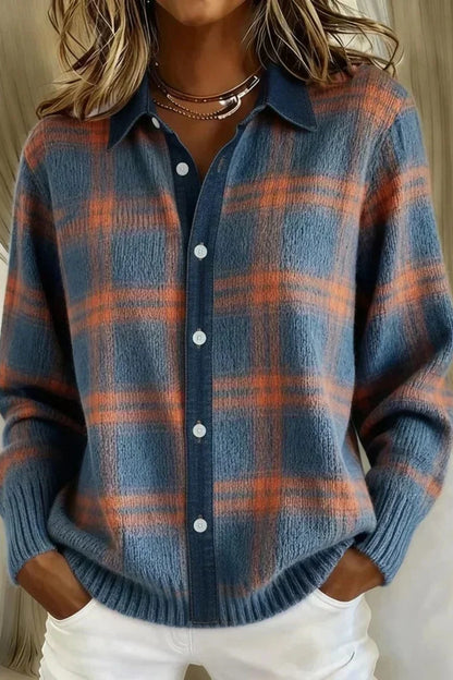 Cardigan Women - Checked Knit with Button Front
