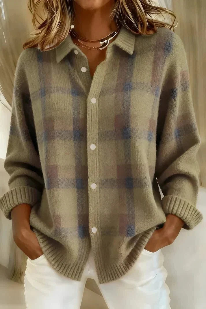 Cardigan Women - Checked Knit with Button Front