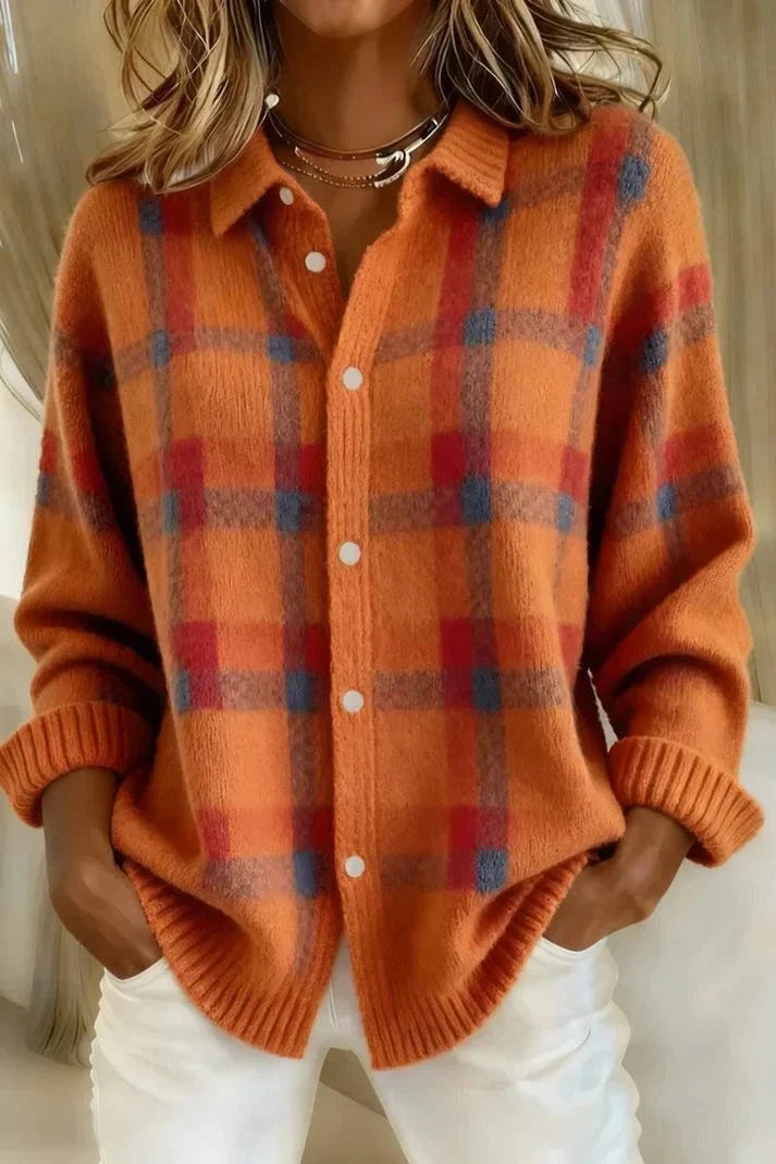 Cardigan Women - Checked Knit with Button Front