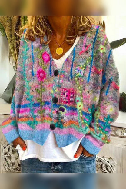 Cardigan Women - Floral Knit with Button Front