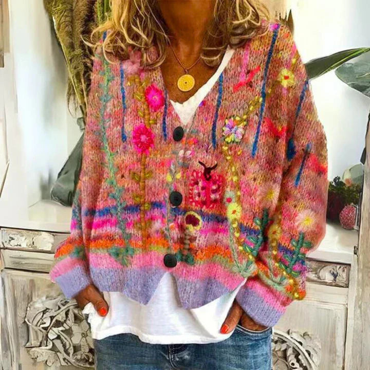Cardigan Women - Floral Knit with Button Front