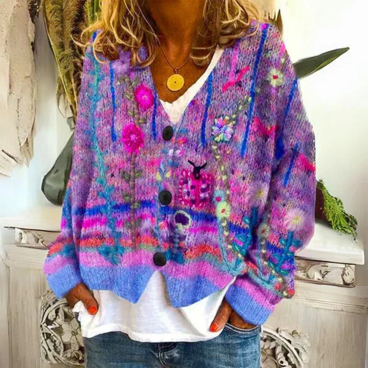 Cardigan Women - Floral Knit with Button Front