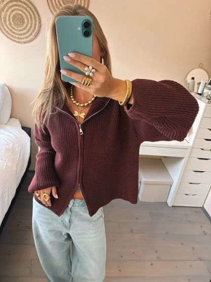 Cardigan Women - Ribbed Zip Cardigan with Collar and Balloon Sleeves