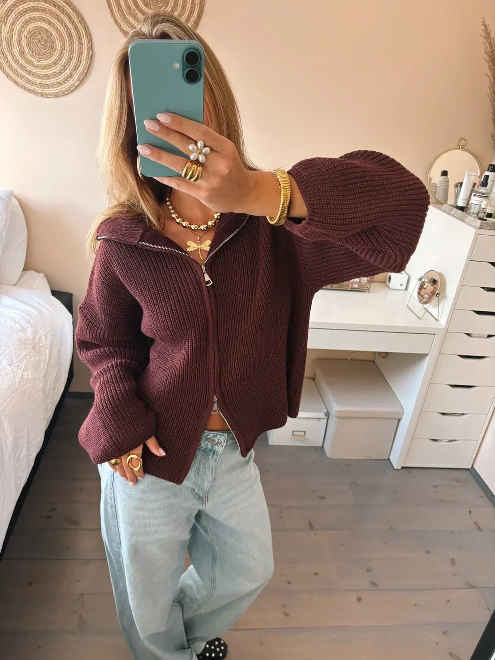 Cardigan Women - Ribbed Zip Cardigan with Collar and Balloon Sleeves