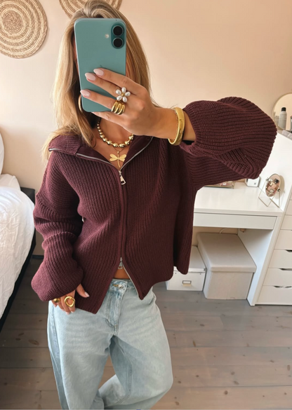 Cardigan Women - Ribbed Zip Cardigan with Collar and Balloon Sleeves