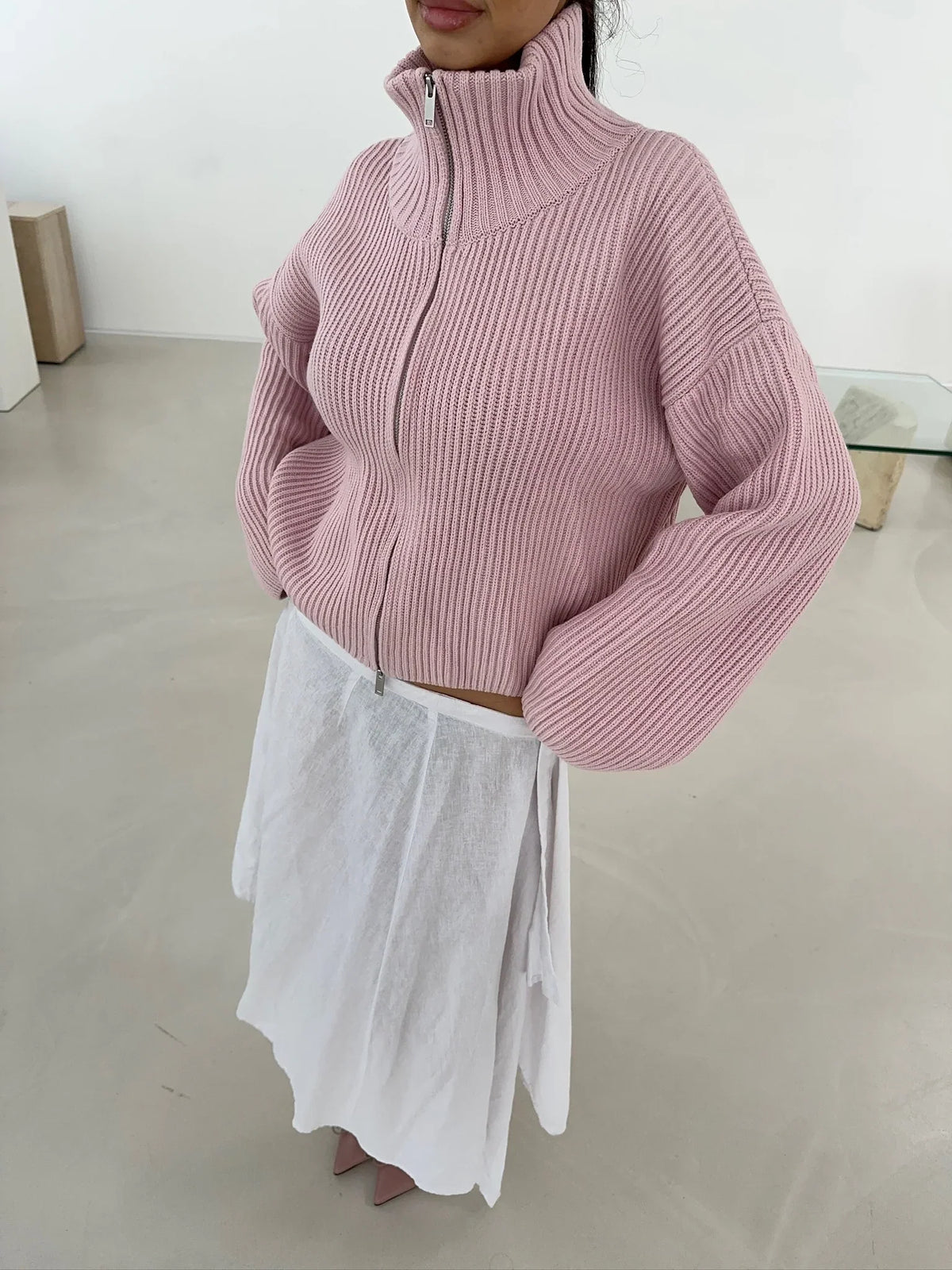 Cardigan Women - Ribbed Zip Cardigan with Funnel Neck and Balloon Sleeves