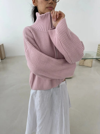 Cardigan Women - Ribbed Zip Cardigan with Funnel Neck and Balloon Sleeves