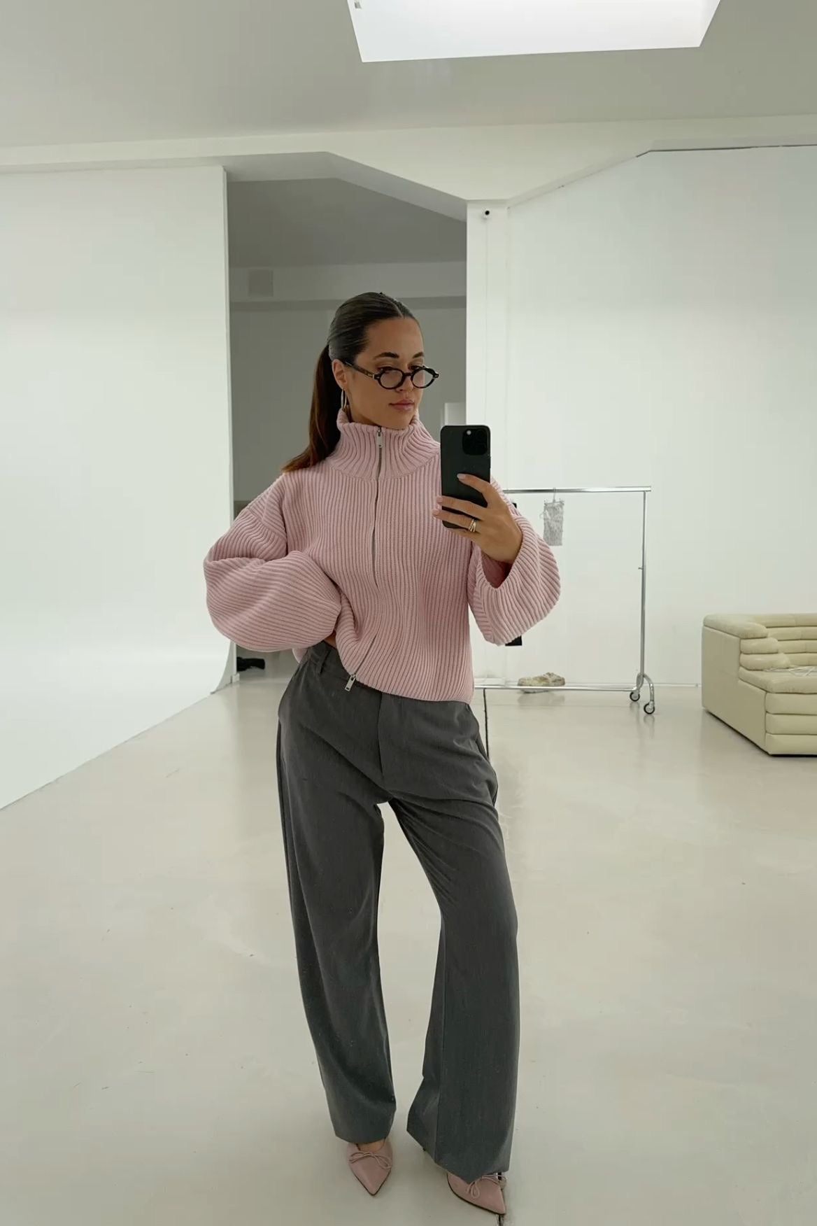 Cardigan Women - Ribbed Zip Cardigan with Funnel Neck and Balloon Sleeves