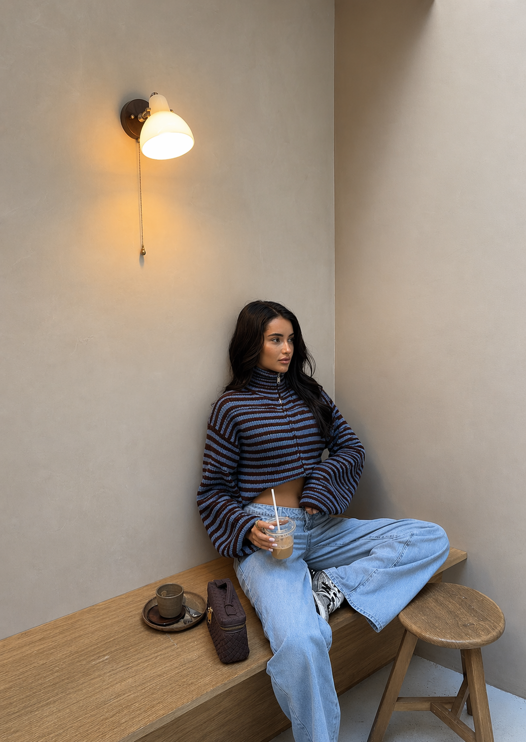 Cardigan Women - Striped Cropped Zip Cardigan with High Neck