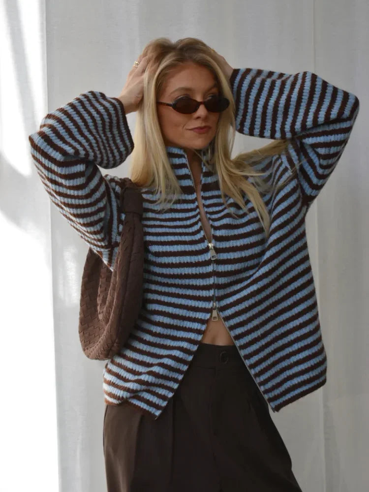 Cardigan Women - Striped Cropped Zip Cardigan with High Neck