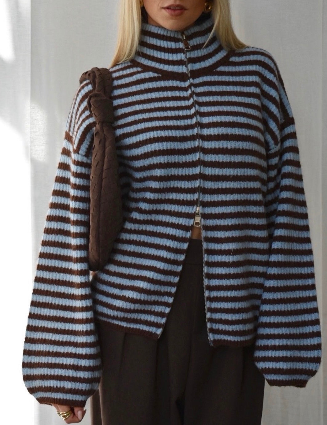 Cardigan Women - Striped Cropped Zip Cardigan with High Neck