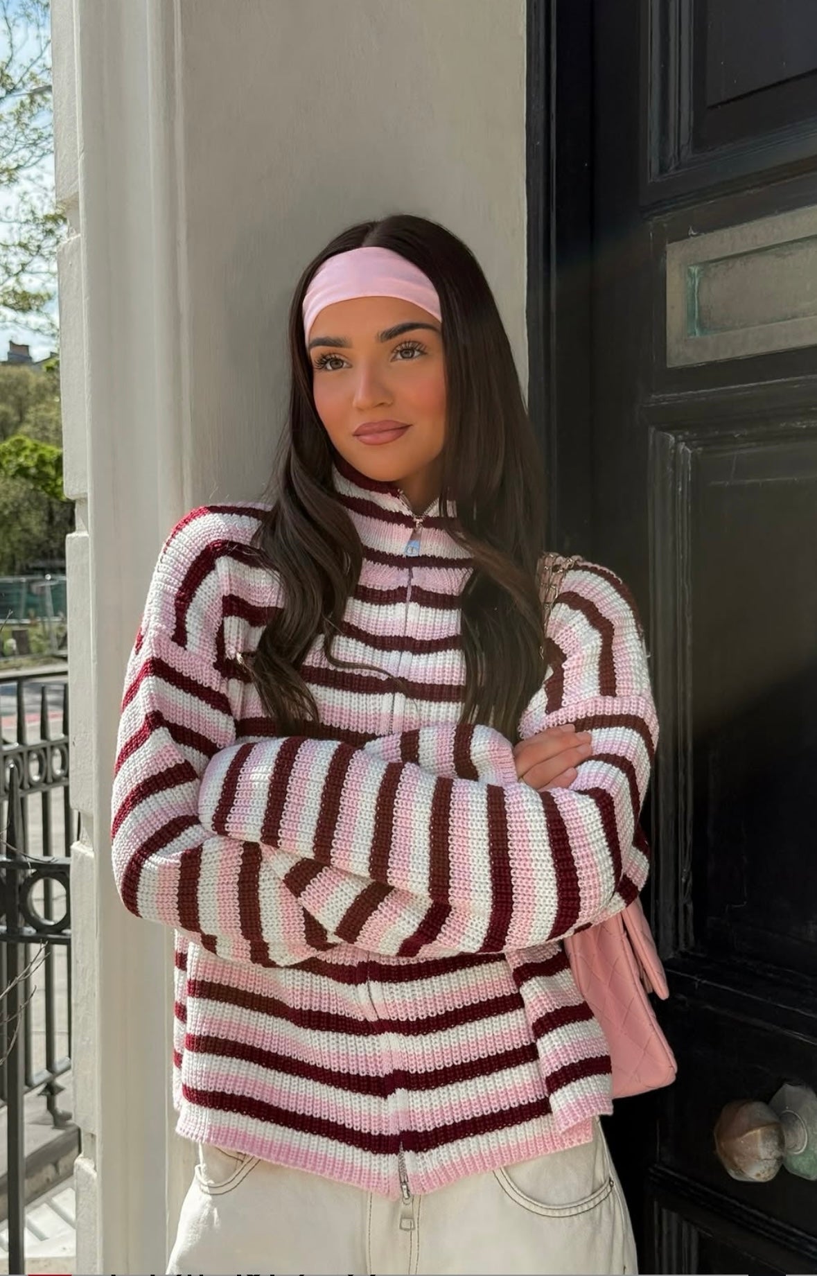 Cardigan Women - Striped Knit Zip Jacket with Funnel Neck and Pockets
