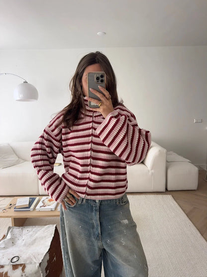 Cardigan Women - Striped Knit Zip Jacket with Funnel Neck and Pockets