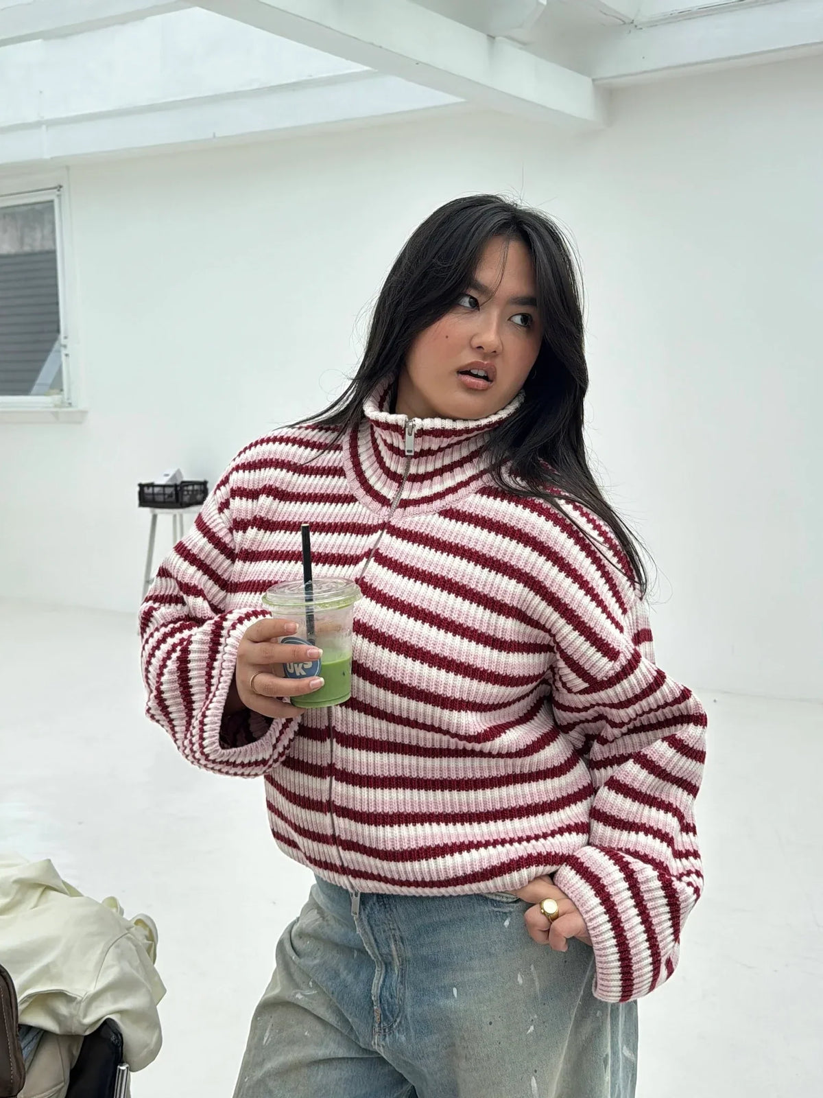 Cardigan Women - Striped Knit Zip Jacket with Funnel Neck and Pockets
