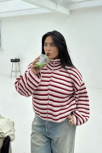 Cardigan Women - Striped Knit Zip Jacket with Funnel Neck and Pockets