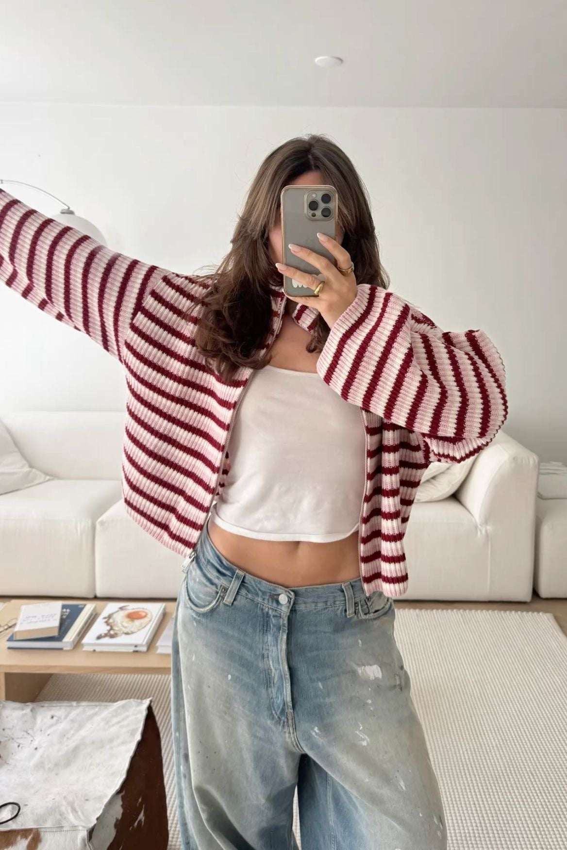Cardigan Women - Striped Knit Zip Jacket with Funnel Neck and Pockets
