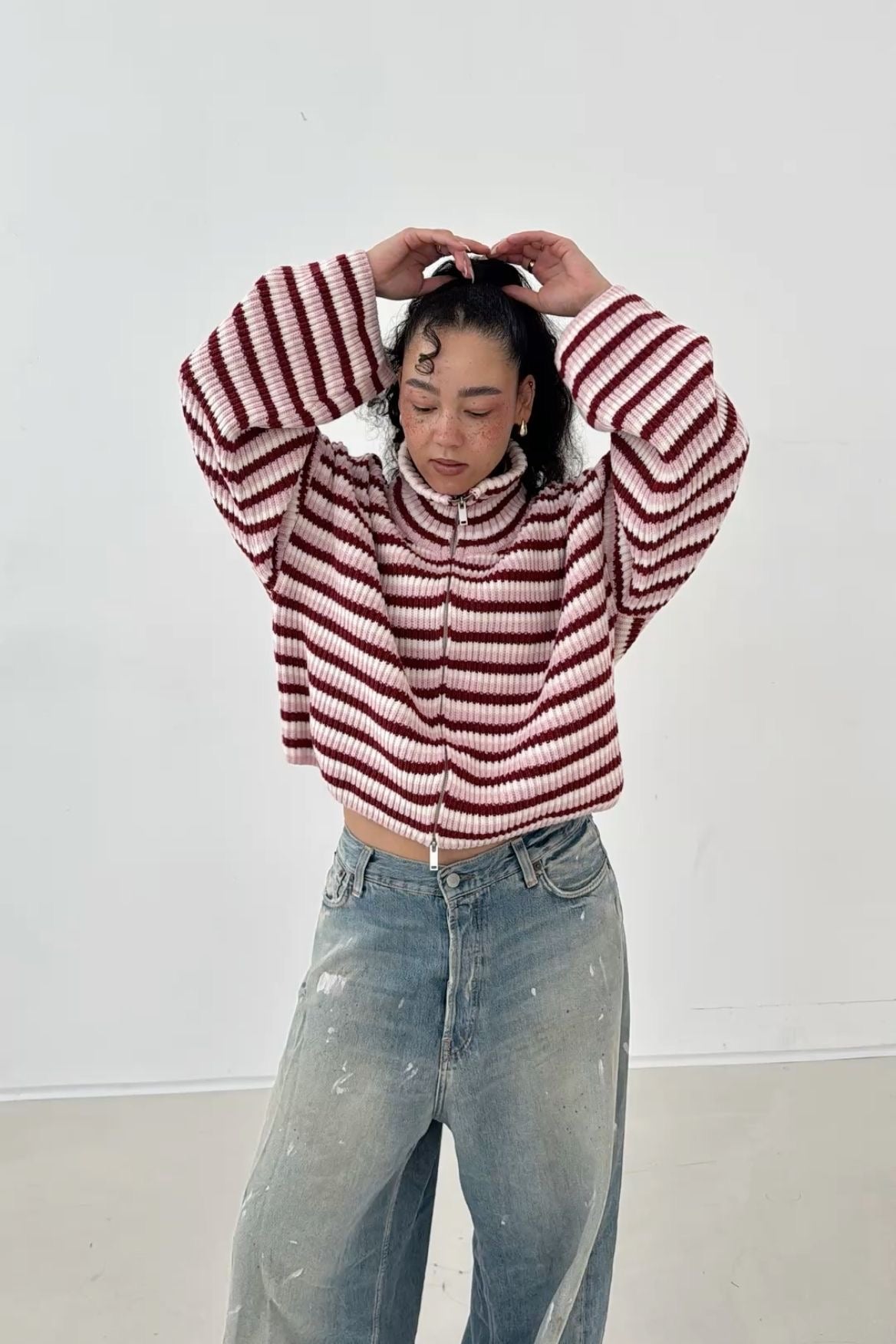 Cardigan Women - Striped Knit Zip Jacket with Funnel Neck and Pockets