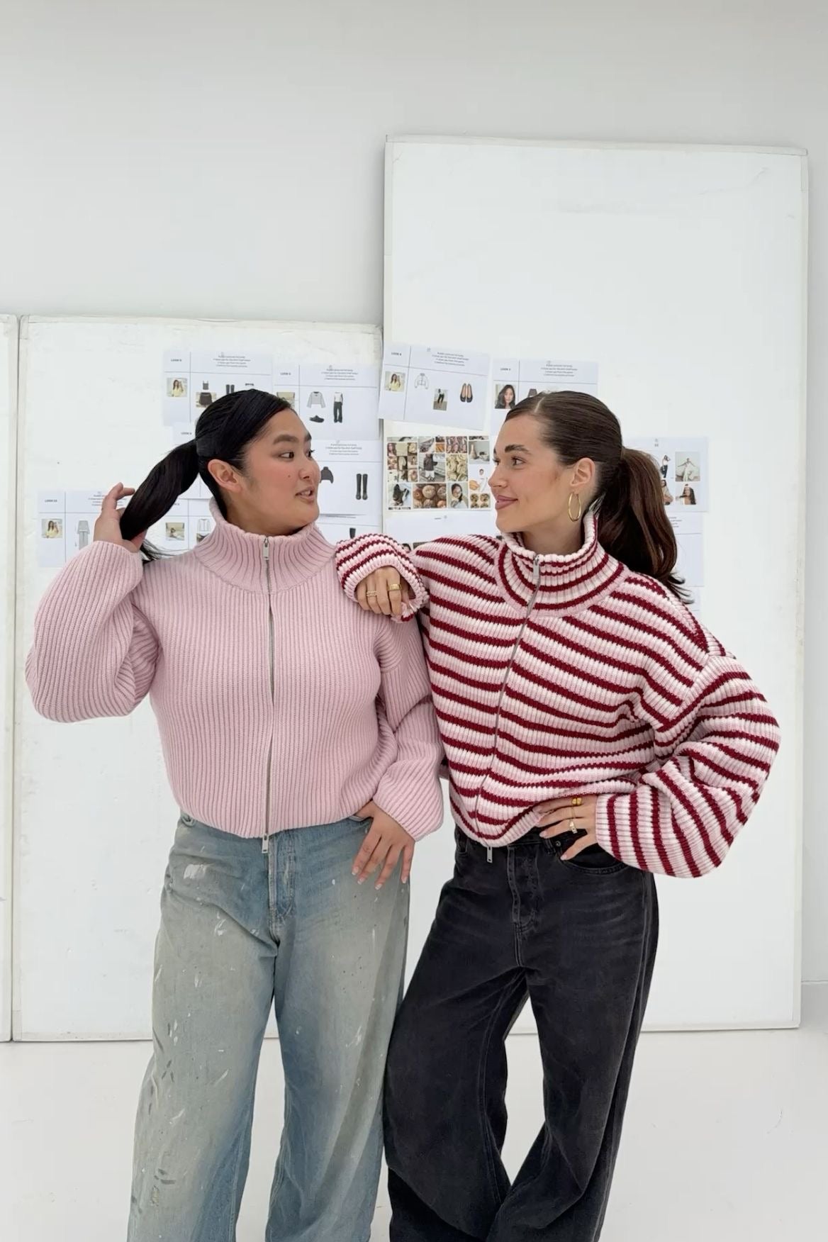 Cardigan Women - Striped Knit Zip Jacket with Funnel Neck and Pockets