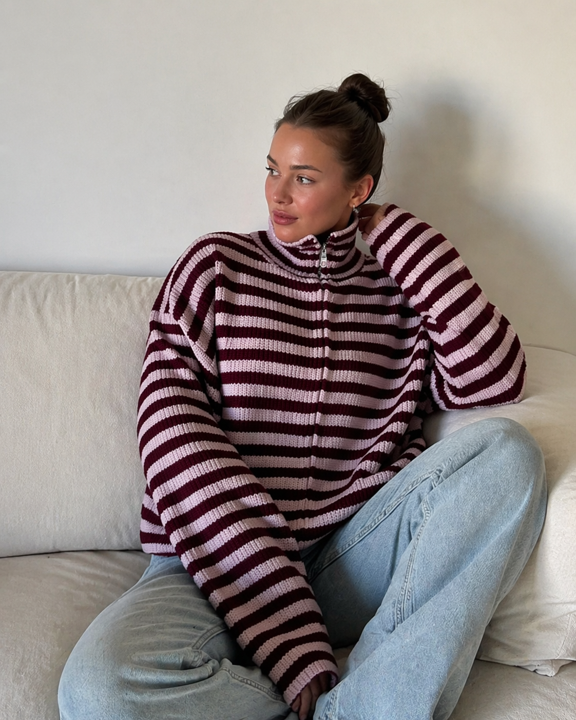 Cardigan Women - Striped Ribbed Knit Zip Jacket with Funnel Neck