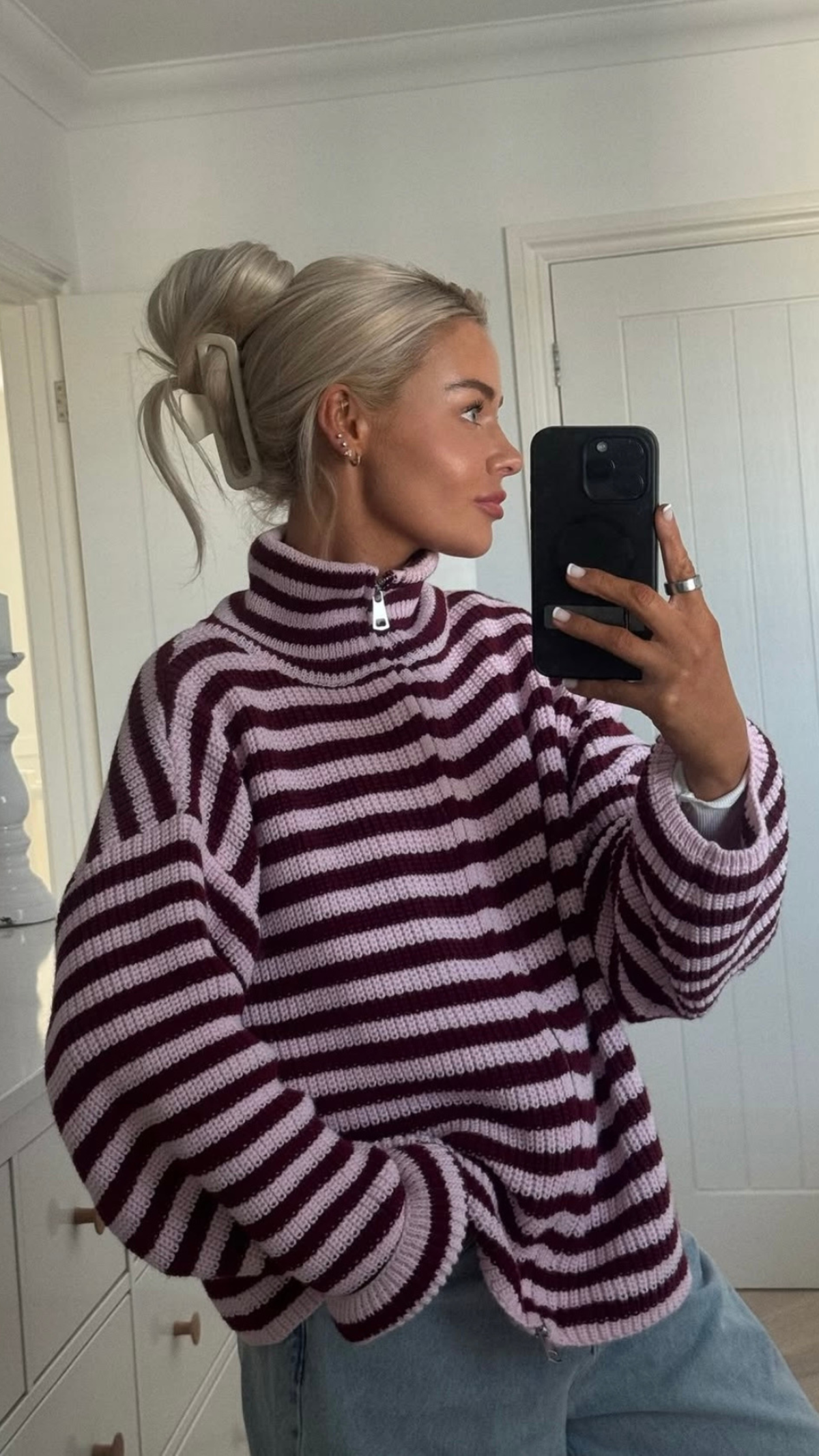 Cardigan Women - Striped Ribbed Knit Zip Jacket with Funnel Neck