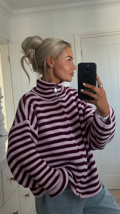 Cardigan Women - Striped Ribbed Knit Zip Jacket with Funnel Neck