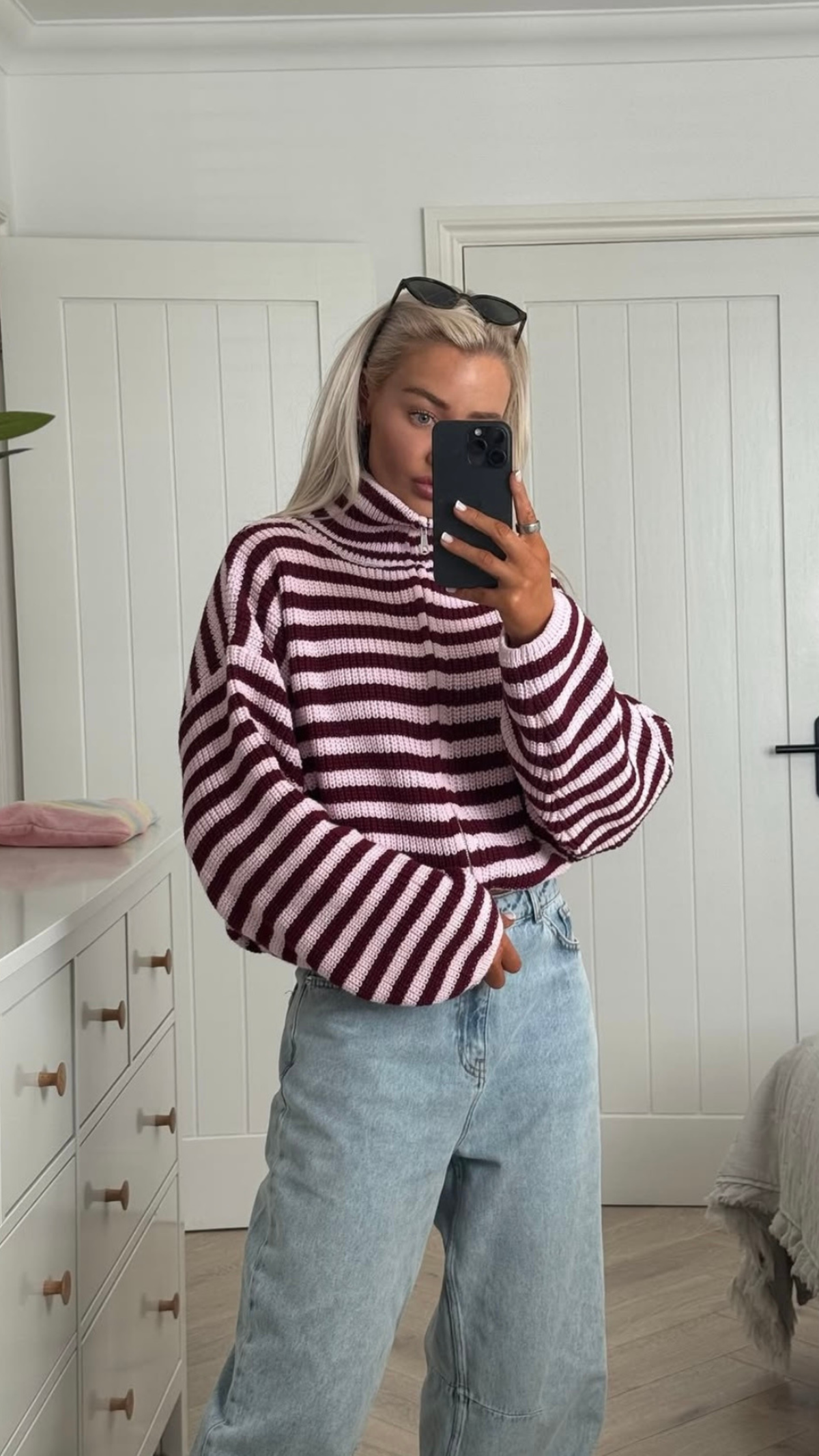 Cardigan Women - Striped Ribbed Knit Zip Jacket with Funnel Neck