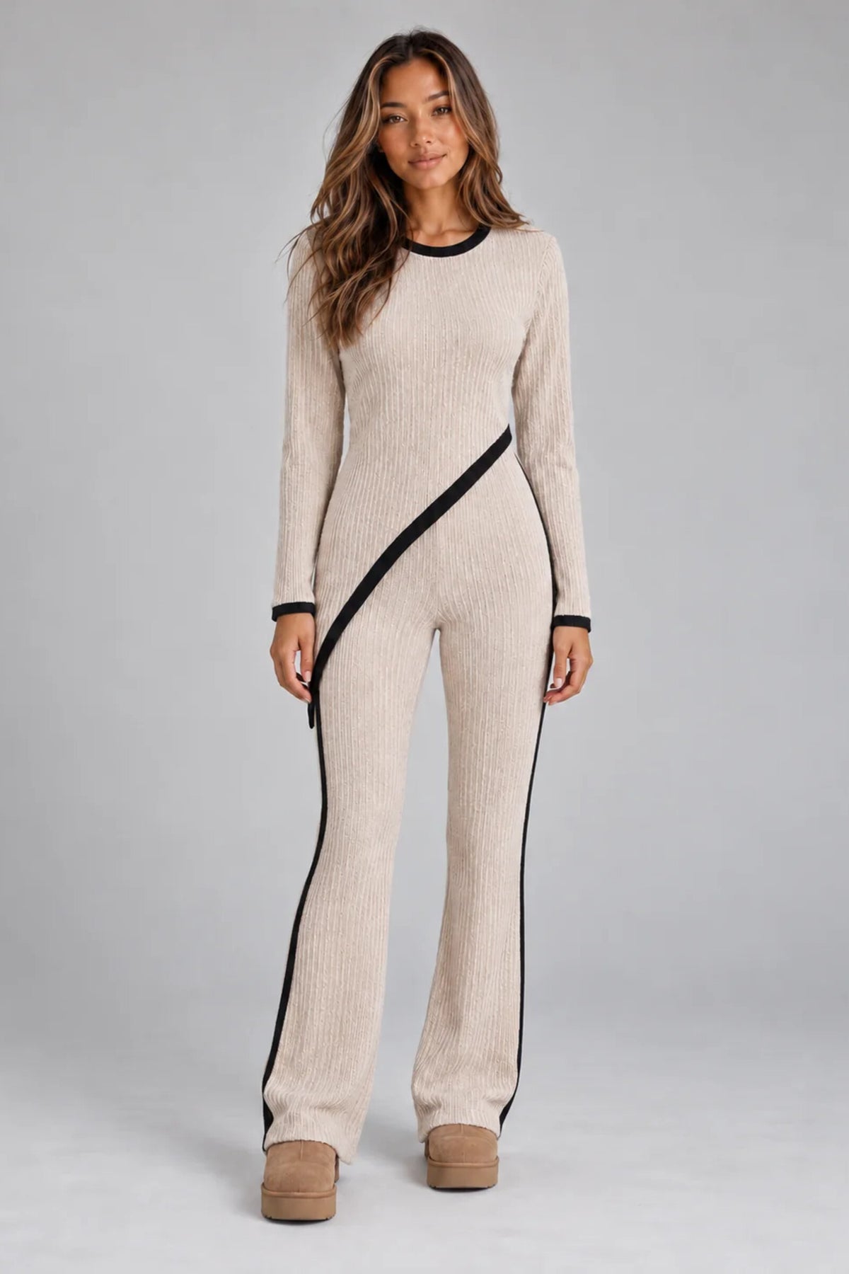 Co-Ord Set Women - Asymmetric Ribbed Knit Wide Leg